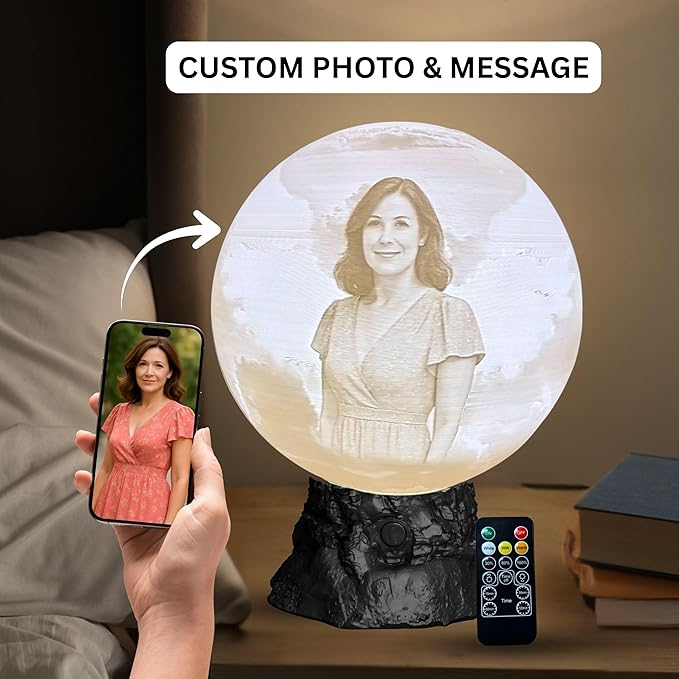 Angel Wings Memorial Moon Lamp with Custom Text or Photo – Personalized Remembrance Light for Loved Ones | Sympathy Gift, Bereavement Gift, Tribute Lamp with 3D Printed Moon Light