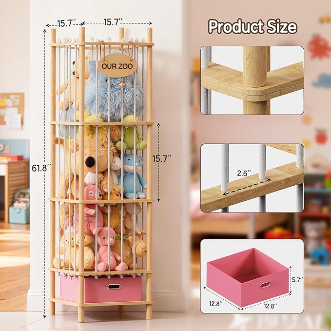 Brelley Stuffed Animal Storage Wood Toy Storage Organizer with Drawer, Large Toy Chest Stuffed animal holder for Kids Nursery Playroom Bedroom