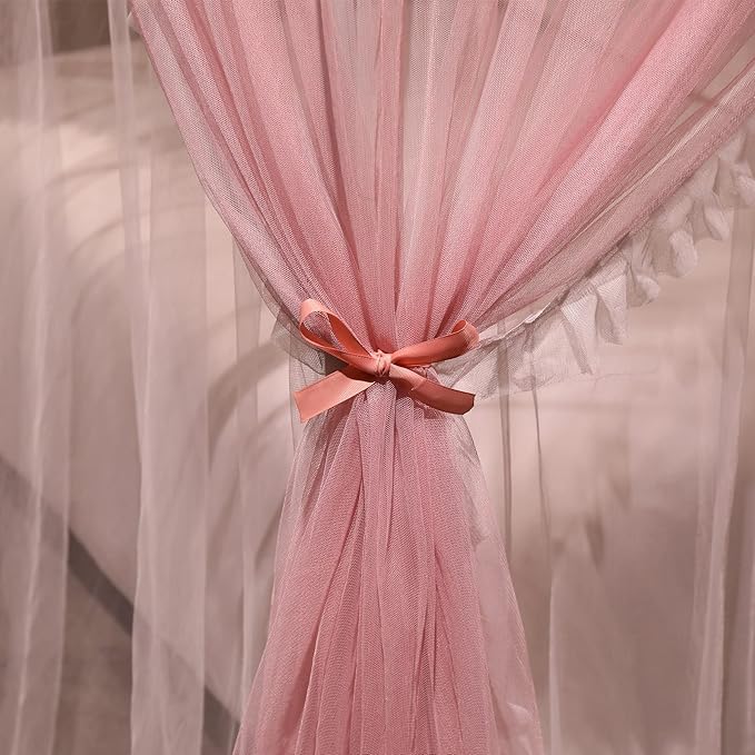 VETHIN 4 Corners Post Ruffle Princess Bed Canopy Curtain-Double Layer Cozy Drape Netting 4 Opening Mosquito Net for Girls Adults Bedroom Decoration (Pink/Whtie,59" W*82" L*82"*H/Queen)