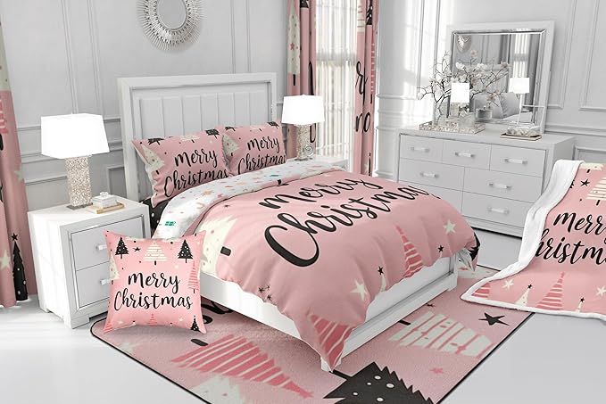 Feelyou Merry Christmas Bedding Set Christmas Tree Duvet Cover for Kids Boys Girls Stars Print Comforter Cover Pink Christmas Bedspread Cover with 2 Pillowcases 3Pcs Bedding Queen,No Comforter