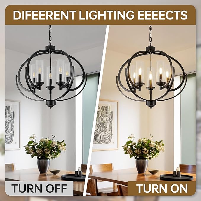 WJShome Farmhouse Black Chandelier for Dining Room, 5-Light Modern Foyer Lighting Fixtures, Adjustable Height Hanging Lantern Pendant Light with Glass Shade, for Kitchen Island Hallway Entryway