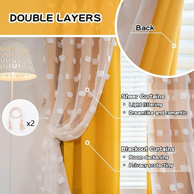 MYSKY HOME Extra Long Double Layer Curtains for Bedroom Princess Curtains for Daughter Room 95 Inches Long Pom Pom Sheer Curtains with Grommet Yellow Blackout Curtains for Living Room 52 x 95 Inch