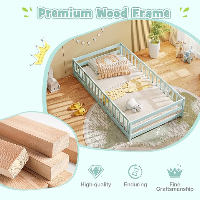 KOMFOTT Twin Size Wood Floor Bed with Door & Fence, Montessori Bed Frame with Full Length Safety Guardrails, Door & Latch, Wooden Montessori Floor Bed for Kids, Girls, Boys (Twin,Light Green)