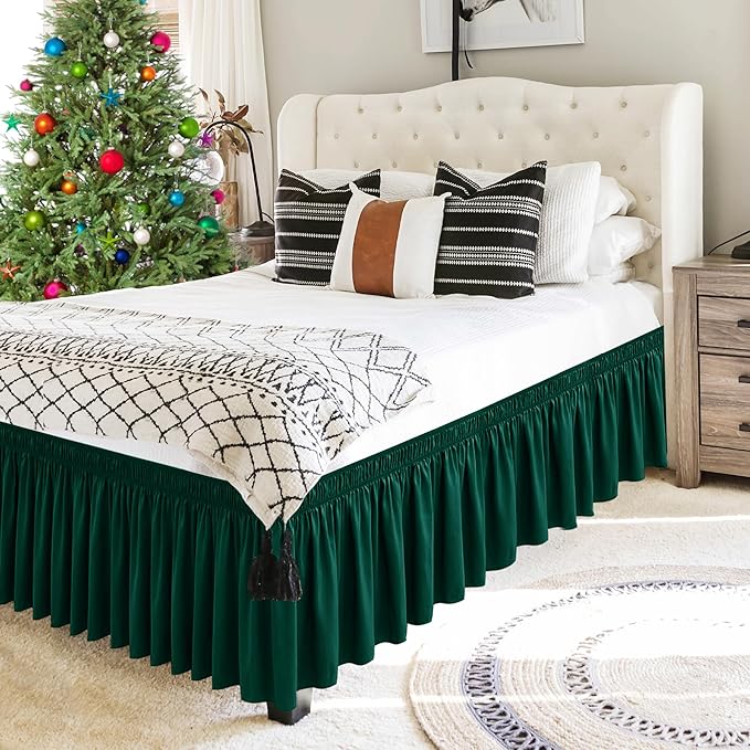 Biscaynebay Wrap Around Bed Skirts for King & Cal King Beds 15" Drop, Christmas Hunter Green Adjustable Elastic Dust Ruffles Easy Fit Wrinkle & Fade Resistant Silky Luxurious Fabric Machine Washable