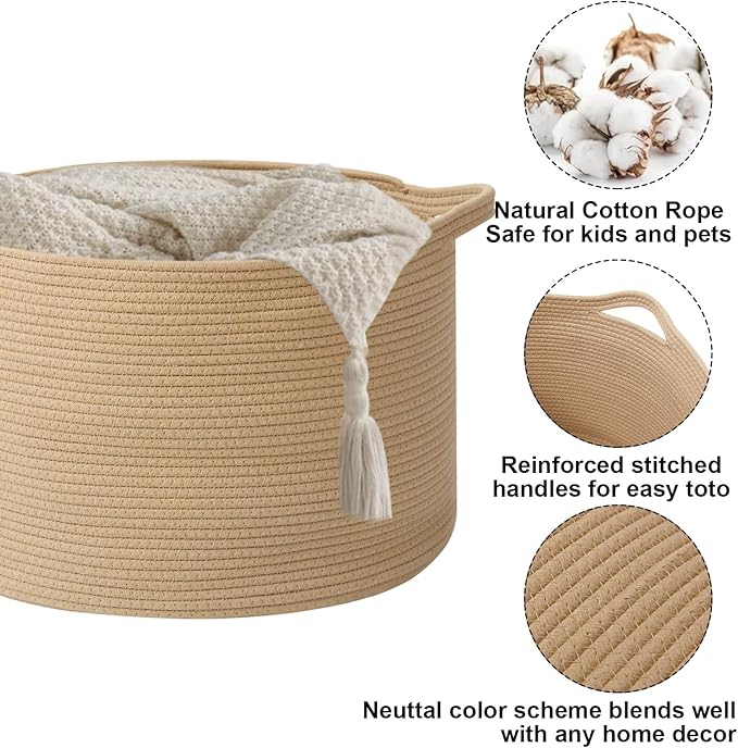 Large Blanket Basket for Organizing,65L Closet Organizers and Storage Bins Box for Shelves Woven Rope Storage Baskets,Living Room,Bedroom,Dorm,Laundry room (Camel)