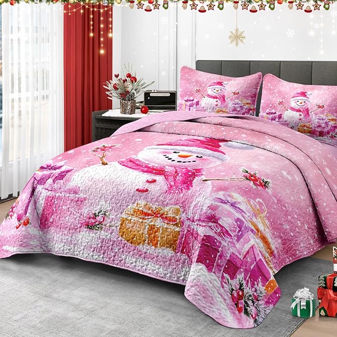 Christmas King Size Quilt Set, Pink Funny Snowman Lightweight Bedspread Coverlet with Pillow Shams for Kids and Adults, Surprise Gift 3 Pcs Bedding Bed Cover