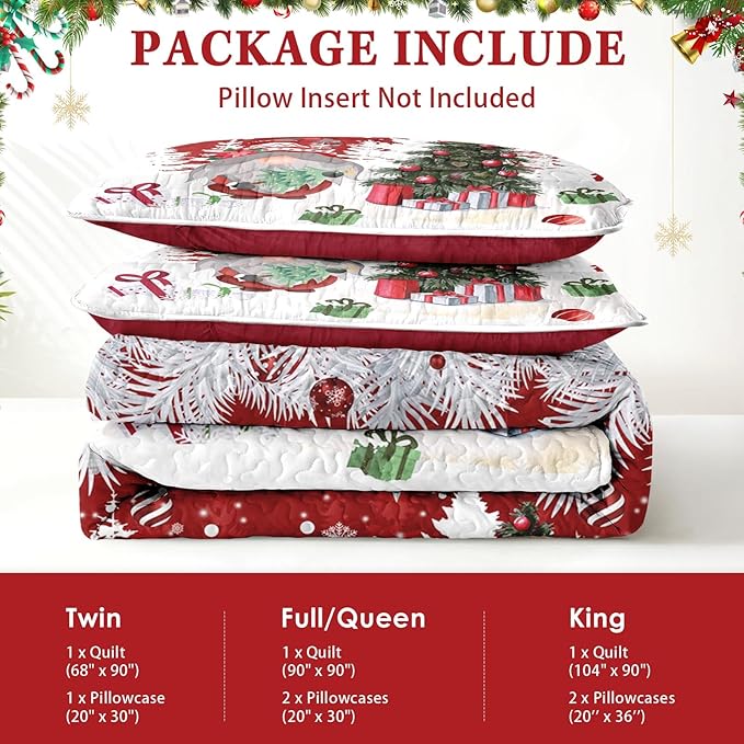 Christmas Full/Queen Size Quilt Set, Cute Gnome Lightweight Bedspread Coverlet with Pillow Shams for Kids and Adults, Merry Xmas 3 Pcs Bedding Bed Cover
