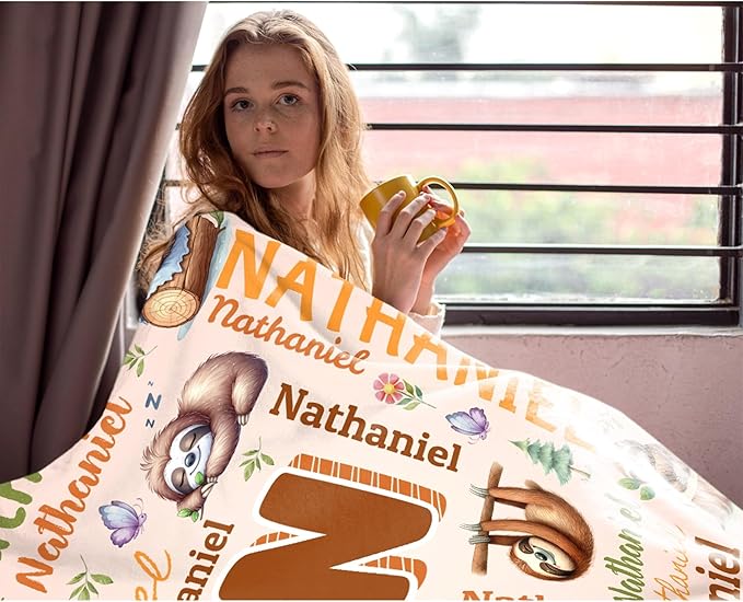 Personalized Custom Sloth Blanket Gifts for Kids Boys Girls with Name - Customized Sloth Super Soft Lightweight Flannel Sheets Decor for Crib Nap Couch - 90"x120" for Whole Family