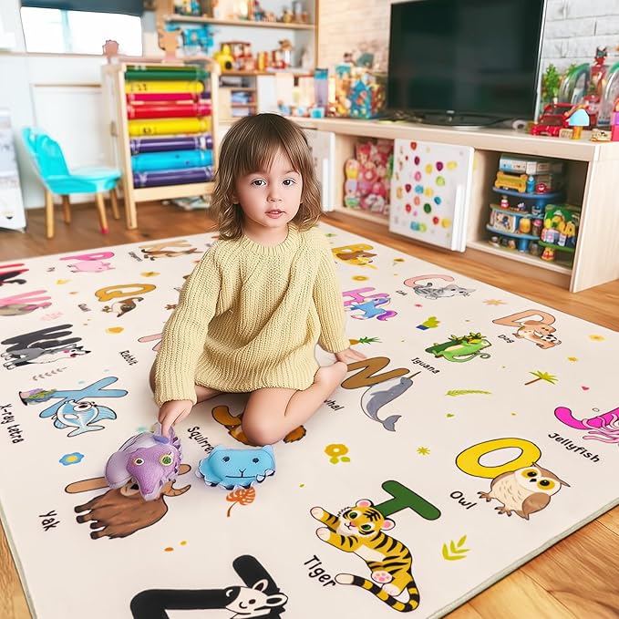 Kids Rugs for Playroom, 5x7 Feet Educational Rug for Learn The ABC Alphabet, Soft Machine Washable Non-Slip Cute Cartoon Animals Carpet for Classroom Toddler Nursery Kids Room Decor, Beige