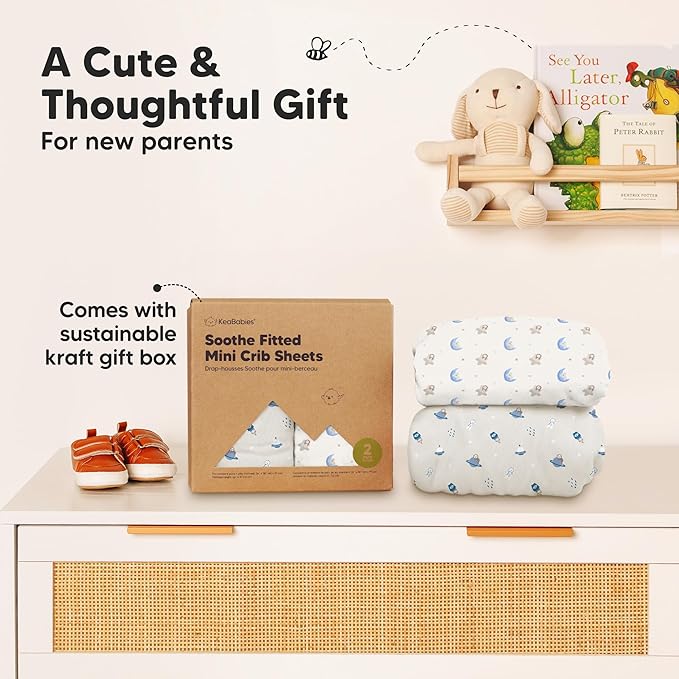 2-Pack Mini Crib Sheets Fitted - 38x26 Pack N Play Sheets for Pack and Play Mattress, Organic Cotton, Soft & Breathable Playard Bedding, Neutral Mini Toddler Bed Cover for Boys, Girls (Cosmo)