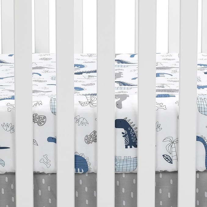 Lambs & Ivy Baby Dino 100% Cotton Blue/White/Gray Dinosaur Fitted Crib Sheet