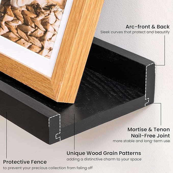 Picture Ledge Shelf, 72 inch Solid Ash Wood Floating Shelves Set of 2, Picture Ledge Ledge Wall Mounted for Living Room Kids' Room Bedroom, Color Black