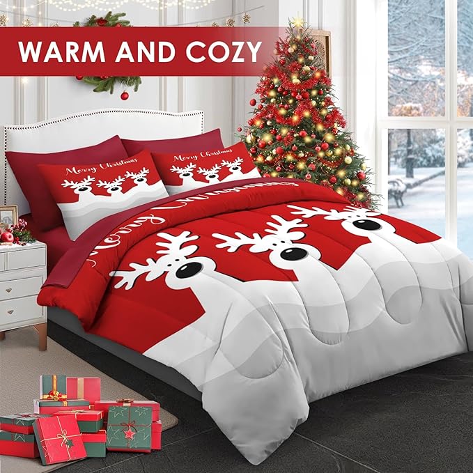 5 Pcs Twin Size Christmas Comforter Set with Pillowcase & Sham, Cute Cartoon Reindeer Bedding for Kids and Adults, Winter Merry Xmas Bed in a Bag with Flat Fitted Sheet