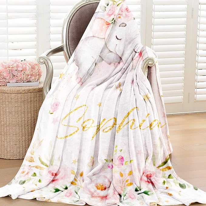 Elephant Blanket Personalized Baby with Name for Girl, Custom for Newborn Soft Flannel Toddler Customized Gift for Birthday Christmas Shower 30'' X 40'', elephant Pink