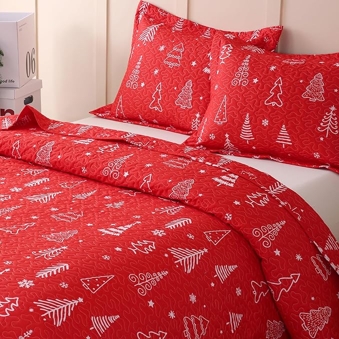JSD 3 Pcs Kids Christmas Quilt Set Full/Queen, Red Christmas Tree Bedding, Soft Microfiber Bedspread Coverlet Holiday Quilted Blanket