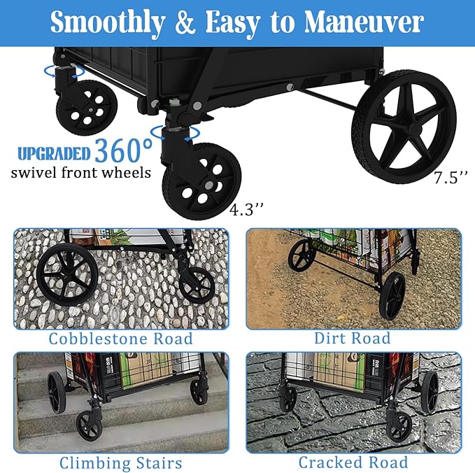 Heavy Duty Folding Shopping Cart for Groceries, Jumbo Grocery Carts with 360° Swivel Wheels, Waterproof Bag, Portable Utility Trolley for Daily, Laundry, Holds Up to 320 LBS