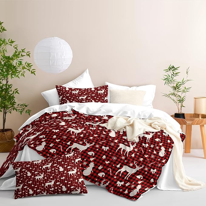 Christmas Duvet Cover Queen Size Red Gingham Christmas Bedding Set 3 Pcs Kids Boys Girls Xmas Black Plaid Bow Pattern Comforter Cover with Zipper Closure