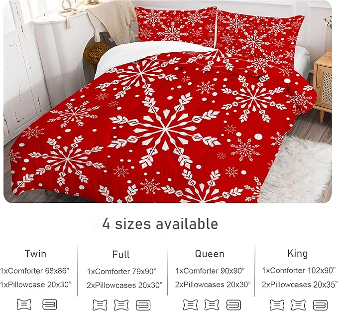 Comforter Set Christmas Snowflake: Twin Size Xmas White Snowflakes Red Bedding Sets for Kids Teen Girls Winter Snow Festival Bedroom Decor Bed Set 1 Comforter & 1 Pillowcase