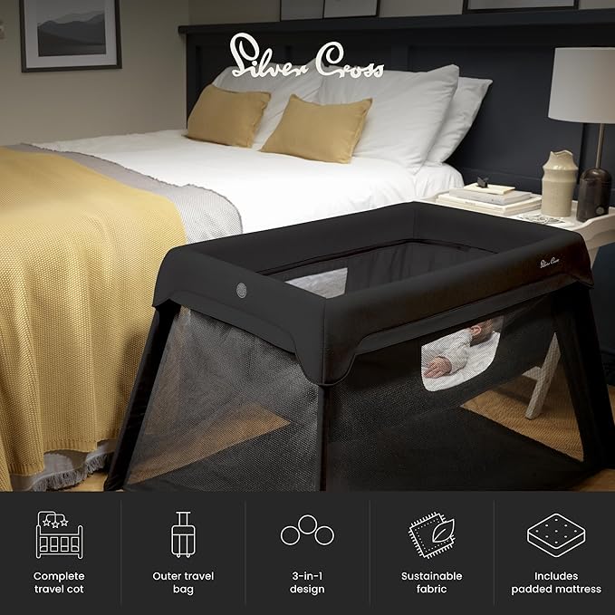 Silver Cross Sleep & Go 3 in 1 Travel Crib - Converts Newborn Bassinet, Crib to Playard - Portable, Lightweight, Easy to Pack with Comfortable Mattress for Infants to Toddlers - Carbon (Sustainable)