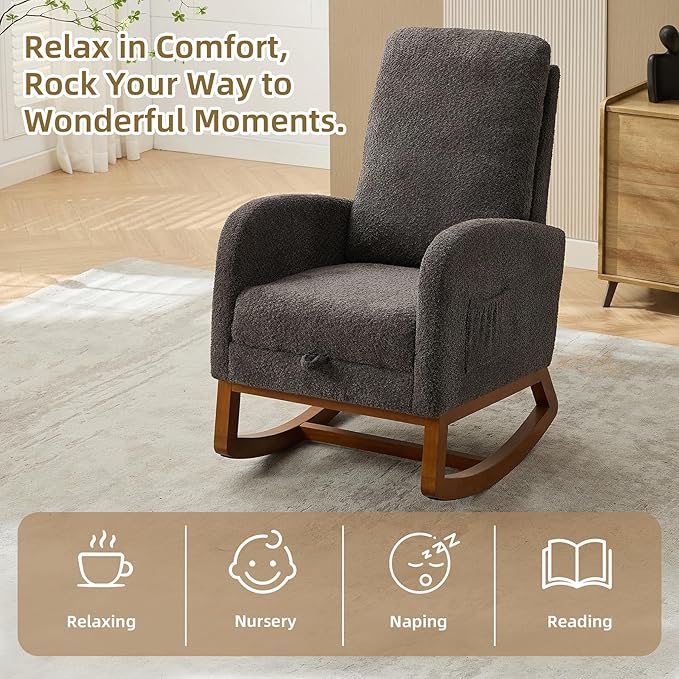 Dolonm Rocking Chair Nursery,Glider Rocking Chair with Footrest High Backrest Glider Rocker for Baby Room Boucle Accent Chair for Living Room Mid Century Modern Arm Chair for Bedroom,Charcoal