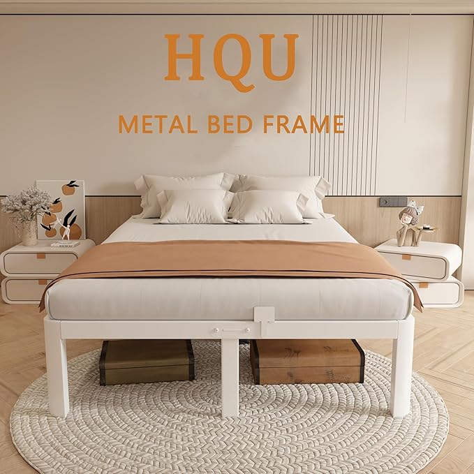 16 Inch Full Bed Frames, Platform Bed with Metal Gaskets, No Box Spring Needed, Anti-Slip Mattress Stopper, Heavy Duty Steel Slat Support, Round Corner Leg, Easy Assembly, White