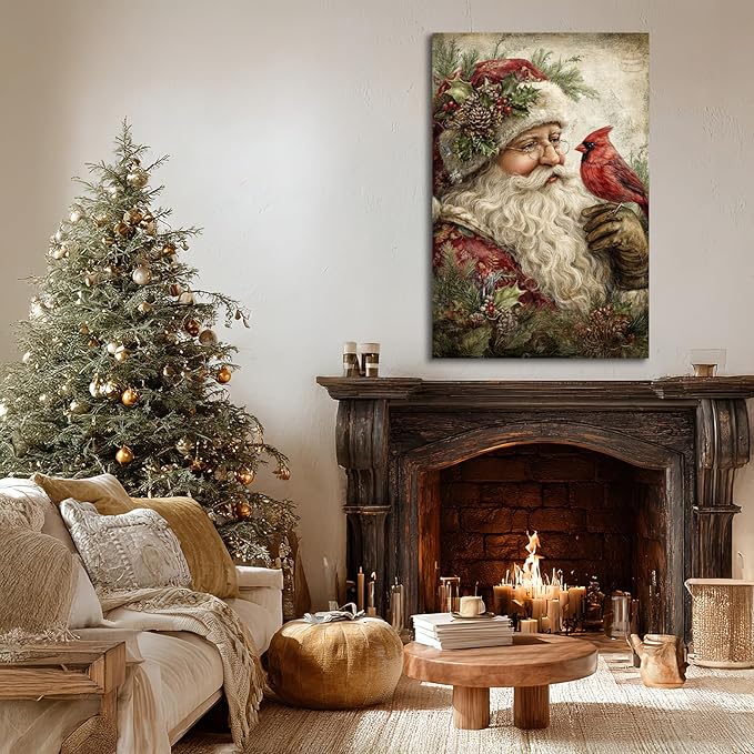 YONICA Christmas Canvas Wall Art Santa with Cardinal 12x18 Inch Vintage Style with Red Bird - Large Framed Gallery Wrapped Wildlife Art