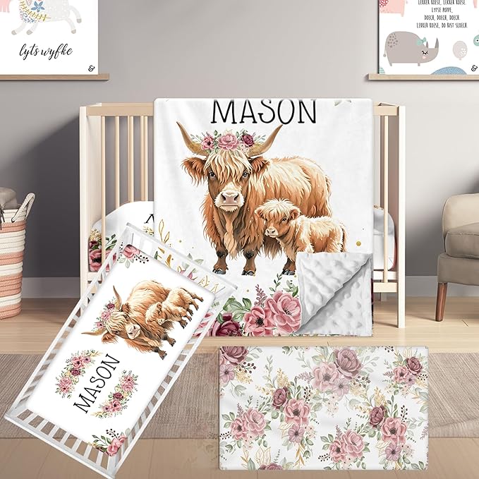 Custom Name Crib Bedding Set, 3 Pcs Personalized Baby Crib Bedding Set, Soft Red Highland Cow Nursery Crib Sets for Boys Girls, Double Layer Toddler Bedding Set Customized Gifts for Newborn Kid