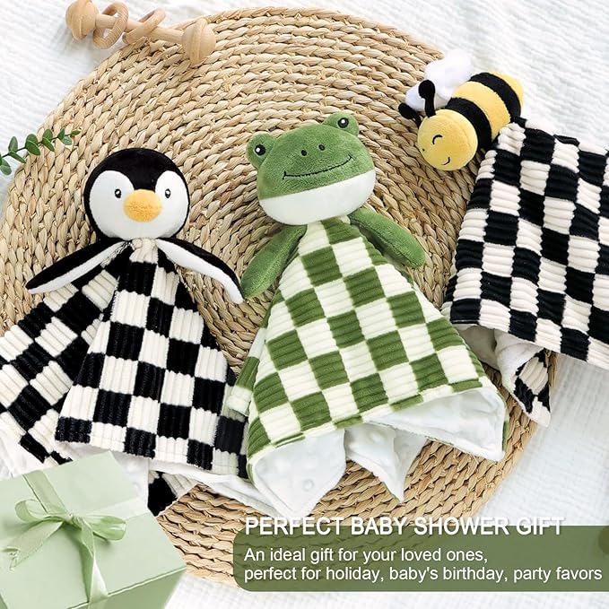 Baby Lovey Blanket for Boys Girls Super Soft Checkerboard Gingham with Minky Dot Fabric Backing Bee Stuffed Animal Lovely Snuggle Toy Black 14 Inch