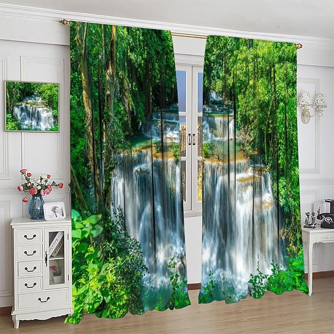 Scenic Nature Blackout Curtains, Natural Falls Landscape Forest Tree Waterfall Scenery Window Drapes, for Bedroom Living Room 84" W X 84" L
