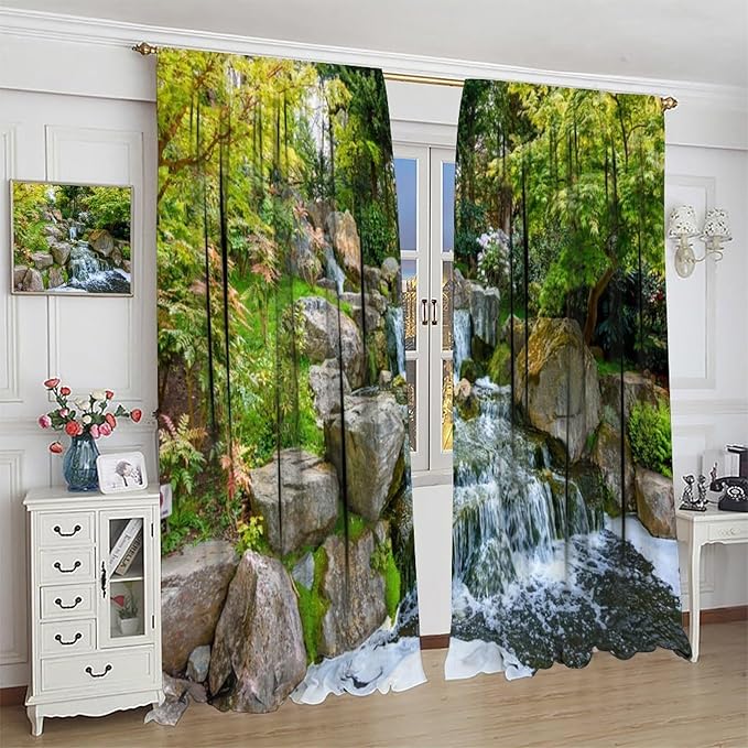 Forest Waterfall Blackout Curtains, Natural Landscape Forest Trees Waterfall Scenery PrintWindow Drapes, for Living Room Bedroom 52" W X 84" L