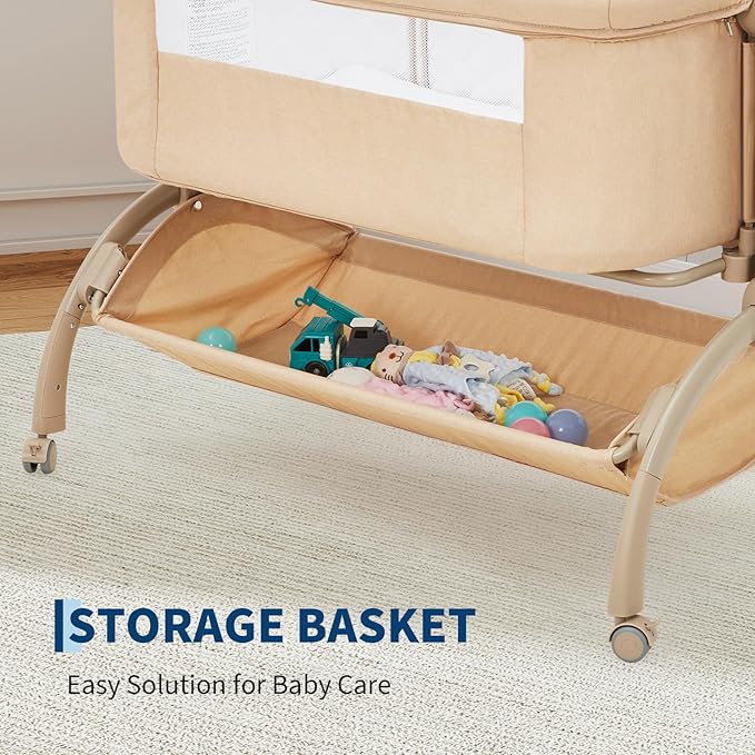 Bedside Bassinet Baby Bassinet for Baby, 3 in 1 Bedside Sleeper with Baby Co-Sleeper Travel Crib with Detachable Mosquito Net & Storage Basket | Adjustable Height, Wheels Included (Khaki)