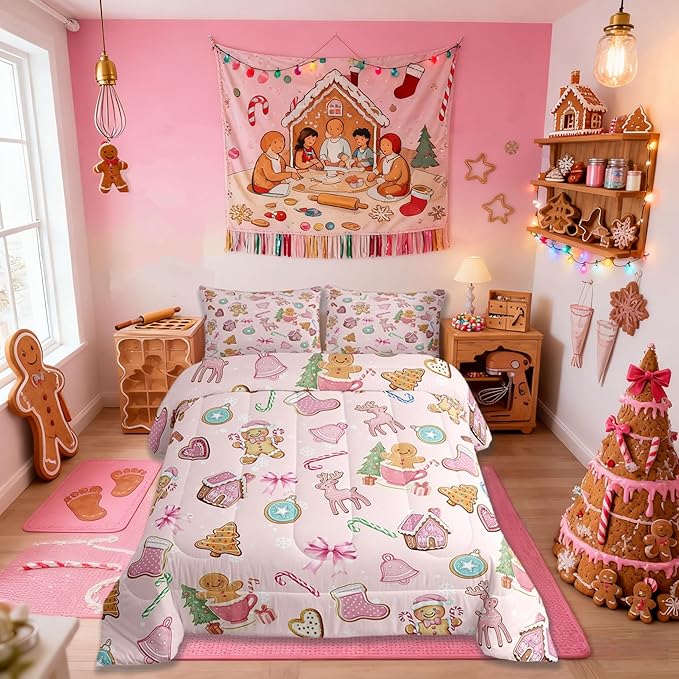 Merry Christmas Kids Bedding Set Queen Size,Gingerbread Man Elk Deer Bowknot Comforter Set,Cute Girly Bow Tie Xmas Tree Quilt Comforter,Pink Colorful Bedroom Duvet Insert,2 Pillowcases