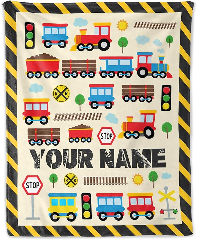 Personalized Train Throw for Adults - 60" x 80" Inches Cute Train Blanket Gift for Boys - Yellow Soft Cozy Throw Blanket for Bed, Couch, Travel