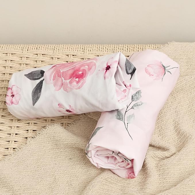 PHF Soft Bassinet Sheet Set, 2 Pack Silky Comfy Breathable Cradle Sheets for Baby Girls, Univeral Fit for Most Oval Rectangle Cradle and Bassinet Mattress/Pad, Pink Floral