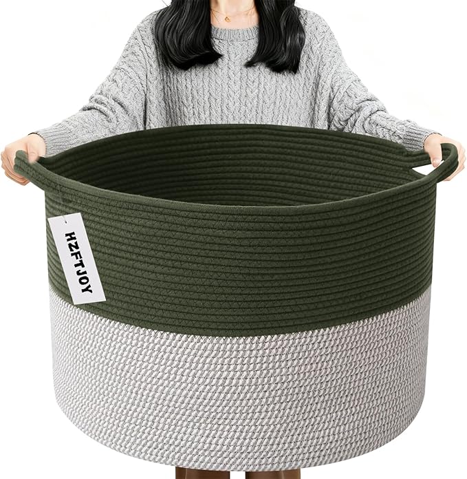Large Blanket Basket for Organizing,65L Closet Organizers and Storage Bins Box for Shelves Woven Rope Storage Baskets,Living Room,Bedroom,Dorm,Laundry room (Green&White)