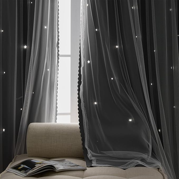 XiDi Girls Curtains for Bedroom with Star, Ideal for Kids Room with Unicorn Theme, Blackout Curtains for Living Room Princess Room Deco 96 inchs Long 52 inches Wide 2 Panel Grey