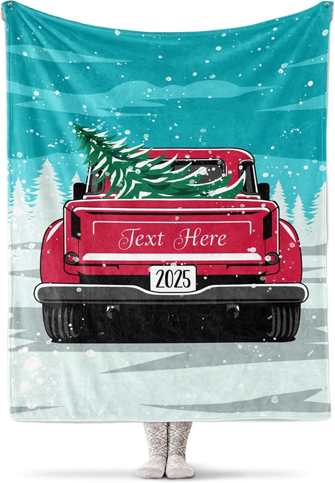 Personalized Christmas Blanket, Vintage Red Truck and Tree - Ships Next Day, Printed in USA - Warm Fleece or Sherpa Sofa Throw, Cute Holiday Décor - Customizable Family Throws (Sherpa 60x80)