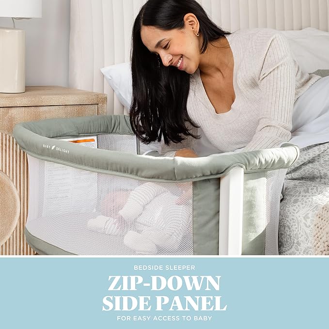 Baby Delight Beside Me Serenity Bassinet | Lightweight Bedside Sleeper & Baby Bassinet | 7-Position Height Adjustment | 100% GOTS Certified Organic Cotton Fabric | Organic Sage