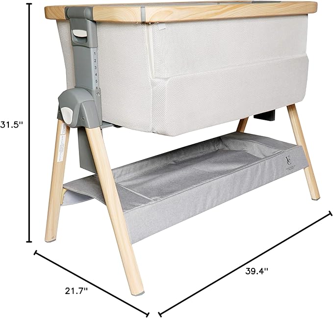 Venice Child California Dreaming Bedside Crib Bassinet w/Travel Case, Bamboo Bassinet Sheet, Removable Bamboo Compressed Cotton Mattress, Height Adjustable, Easy Clean - Grey