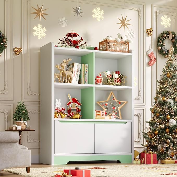 Kids Bookshelf and Toy Organizer, 2 Tier Kids Book Shelf for Kid Rooms with 2 Doors, 4 Cubes Storage Organizer,Wood Children Bookcase,Freestanding Toddler Book Display Shelf for Playroom