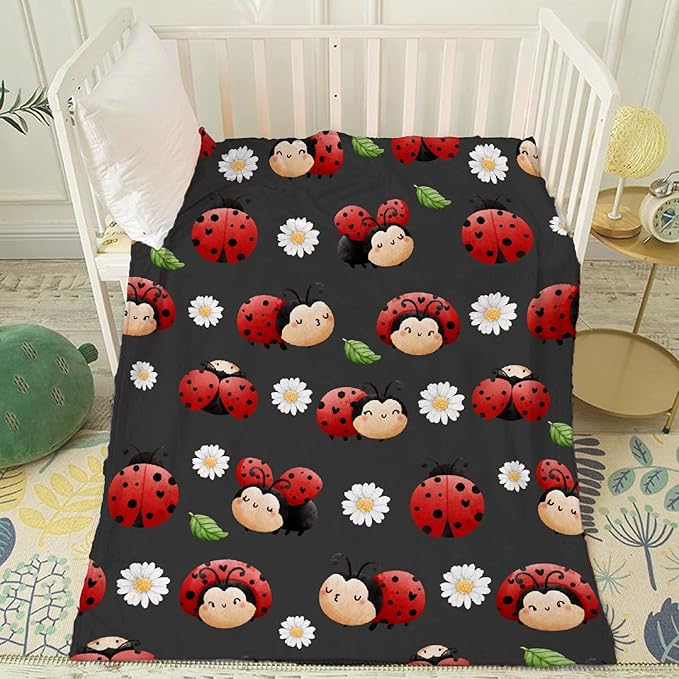 Thuswarm Cute Watercolor Ladybugs Grey Flannel Throw Blanket Warm Cozy Soft Funny Print Blankets for Bed Couch Sofa Room Decoration Gifts 120”×90” Extra Large for Family