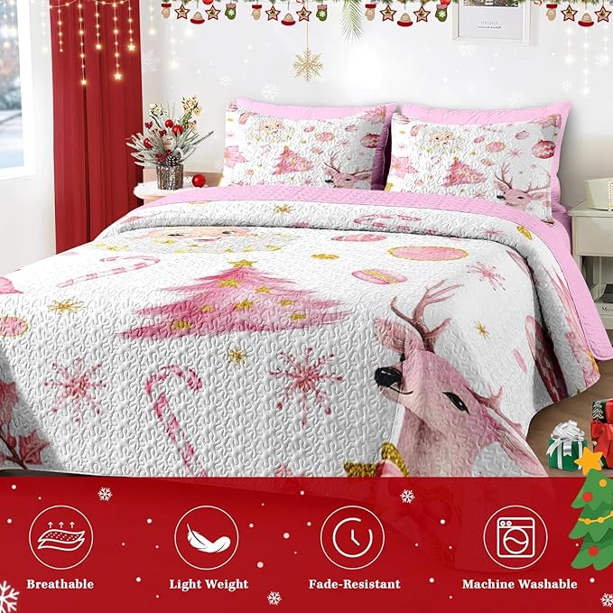 Christmas King Size Quilt Set, Pink Winter Funny Santa Claus Lightweight Bedspread Coverlet with Pillow Shams for Kids and Adults, Cute Reindeer Plants 3 Pcs Bedding Bed Cover