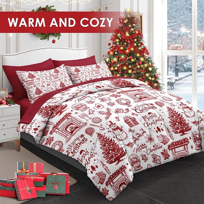 5 Pcs Twin Size Christmas Comforter Set with Pillowcase & Sham, Happy Xmas Red Pine Tree Bedding for Kids and Adults, Merry Winter Bed in a Bag with Flat Fitted Sheet