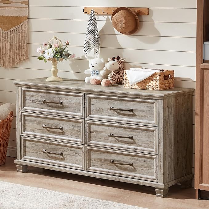 Farmhouse Bedroom Dresser and Nightstand Set of 4, 6 Drawer Tall & Low Dresser & 2 Drawer Nightstand Set, Rustic Wood Furniture Set for Bedroom, Hallway, Grey