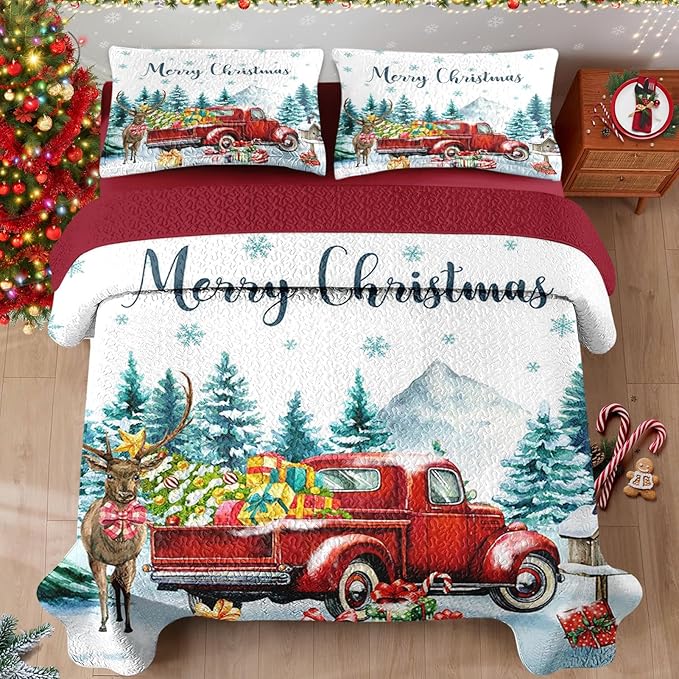 Christmas Full/Queen Size Quilt Set, Red Vintage Truck Elk Lightweight Bedspread Coverlet with Pillow Shams for Kids and Adults, Winter Forest 3 Pcs Bedding Bed Cover