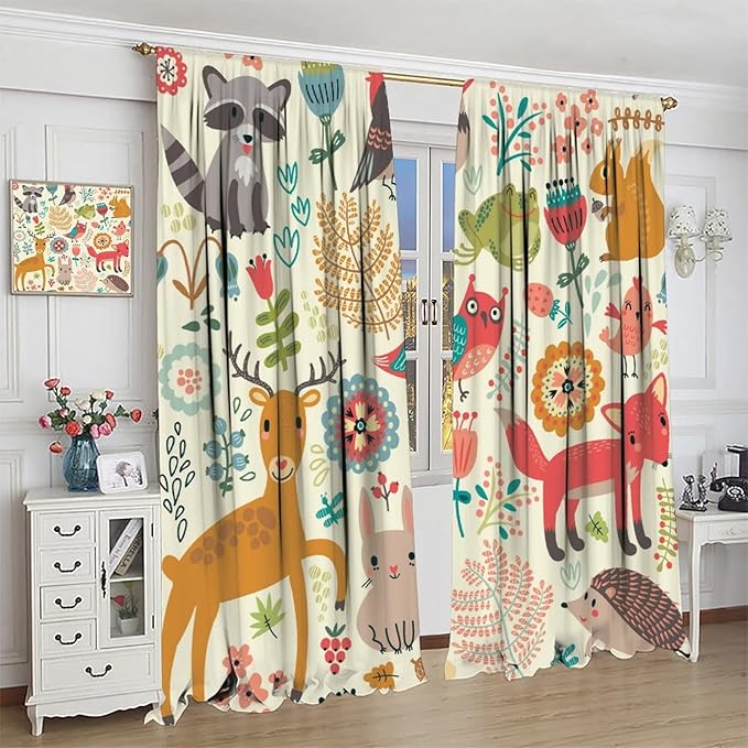 Kids Baby Woodland Blackout Curtains,Forest Animals Plants Cartoon Funny Colorful Deer Fox Owl Pattern Thermal Insulation Window Drapes for Boys Girls Children's Bedroom 63x63in