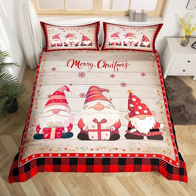 Christmas Gnomes Duvet Cover Set Full Size, Rustic Wooden and Red Plaid Xmas Comforter Cover with 2 Pillowcases, New Year Theme Bedding Set for Kids Boy Girls Lightweight Bedspread Cover,No Comforter