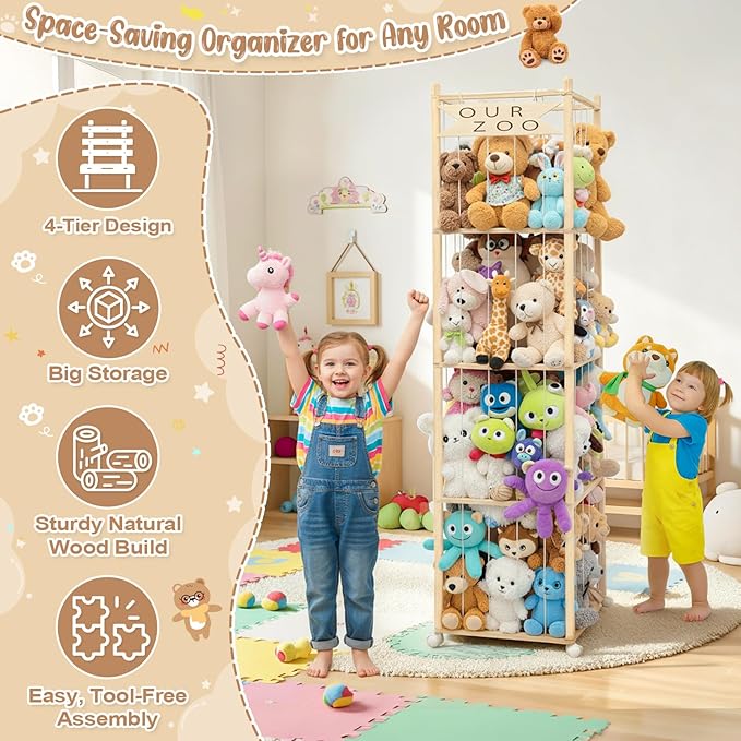 OurWarm Stuffed Animal Storage & Organizer, 68.5 Inch Large Wooden Zoo Stuffed Animal Holder with Wheels, Kids Toy Storage Organizer for Nursery Storage, Toddler Rooms, Playrooms, Bedroom Organization