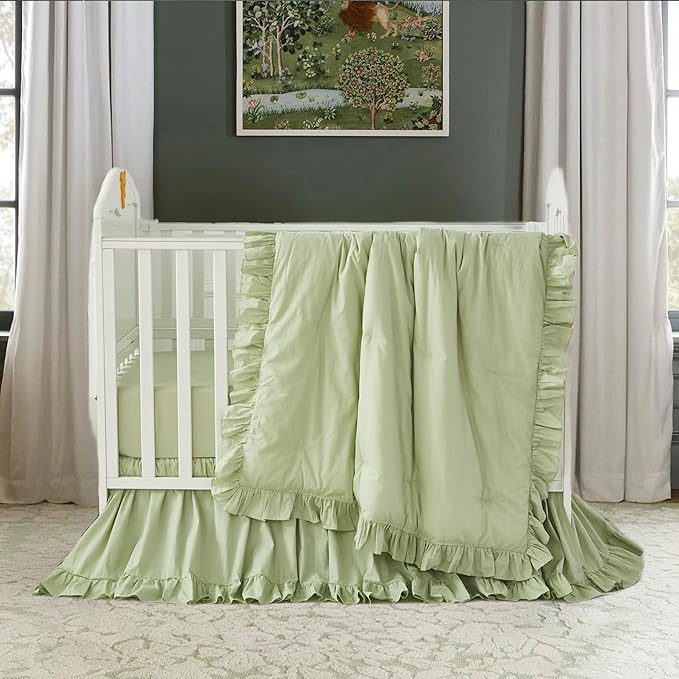 Brandream Farmhouse Crib Bedding Sets for Girls and Boys | 100% Percale Cotton 3 Piece Nursery Set Light Green Ruffles | Baby Comforter, Fitted Crib Sheet, Crib Skirt Included