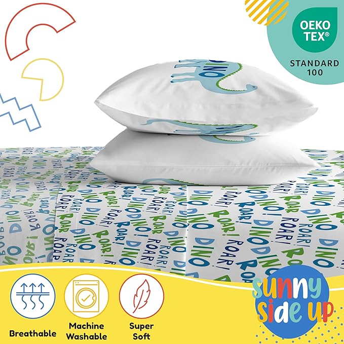 Sunny Side Up Dino Roar Full Sheet Set - 4 Piece Kids Bedding Set Includes Pillow Cover - Super Soft Dinosaur Microfiber Sheets